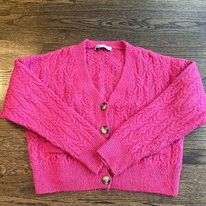Zara Hot Pink Cable Knit Button-Up Cardigan